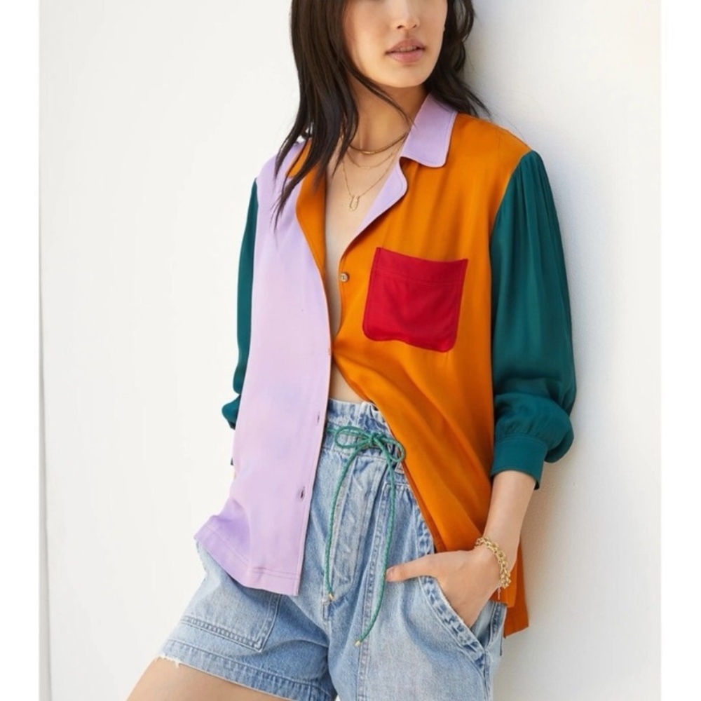 Farm Rio Button Down Colorful Blouse Long Sleeves Pocket Size XXS Petite
